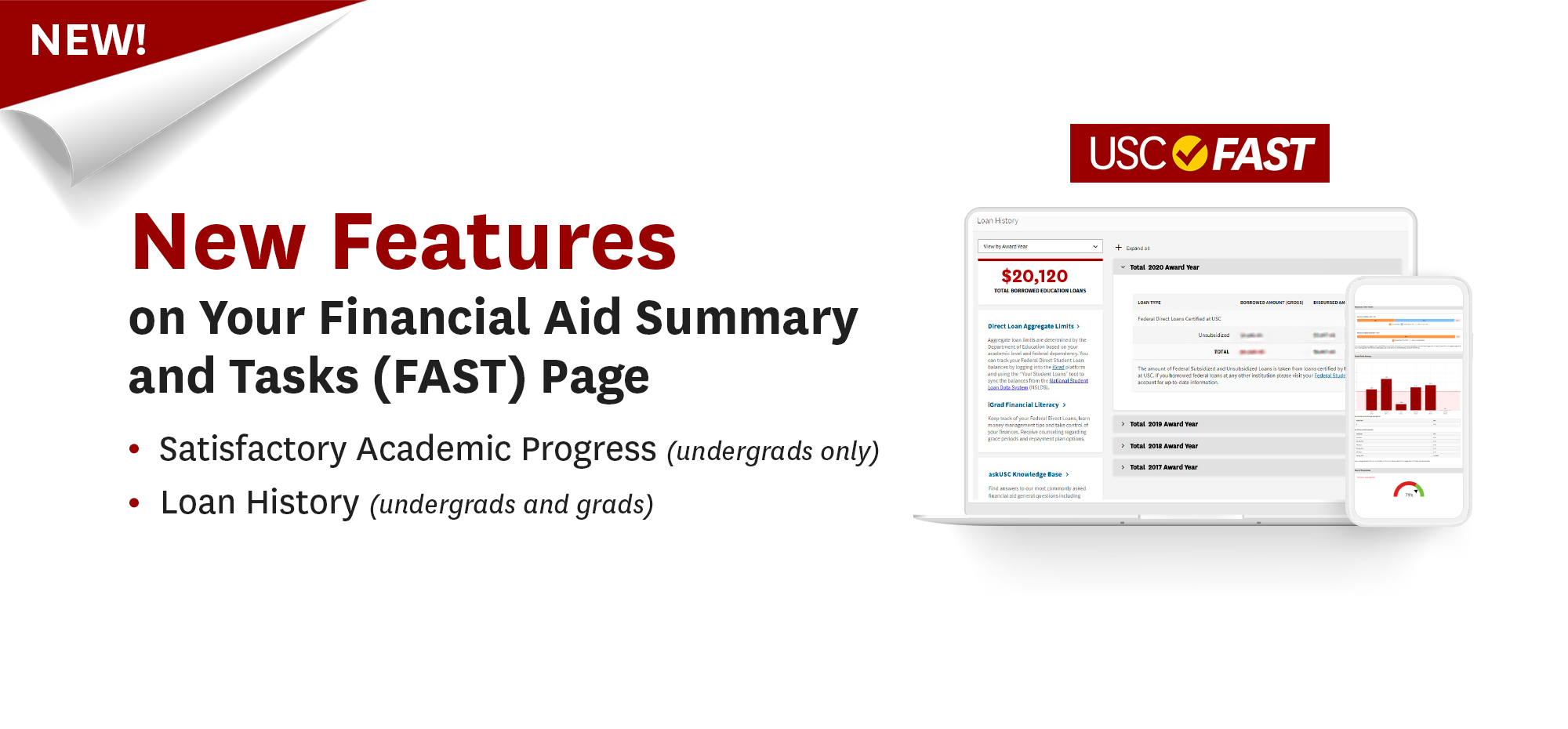 New Features. on Your Financial Aid Summary and Tasks (FAST) Page. Satisfactory Academic Progres (undergrads only). Loan History (undergrads and grads)